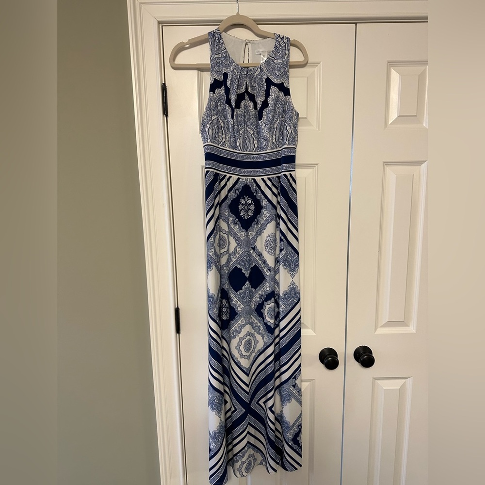 Blue and White Printed Maxi Dress
